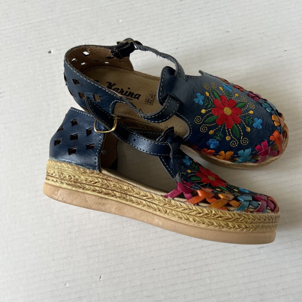 Karina Sz 4 Embroidered Flowers Boho Leather Sandal Made In Mexico/ Excellent - Picture 3 of 12